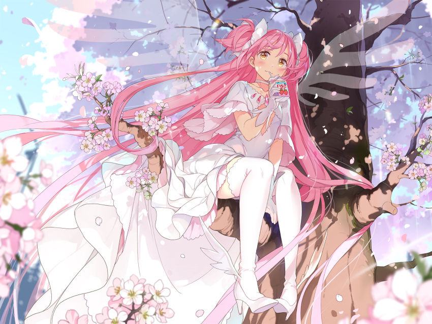 1girl bendy_straw blue_sky blush brown_eyes closed_mouth commentary_request day dress drinking drinking_straw flower goddess_madoka high_heels highres holding hoshii_hisa in_tree kaname_madoka long_hair looking_at_viewer mahou_shoujo_madoka_magica outdoors petals pink_flower pink_hair shoes short_sleeves sitting sitting_in_tree sky smile solo thigh-highs transparent_wings tree two_side_up very_long_hair white_dress white_footwear white_legwear wide_sleeves wings