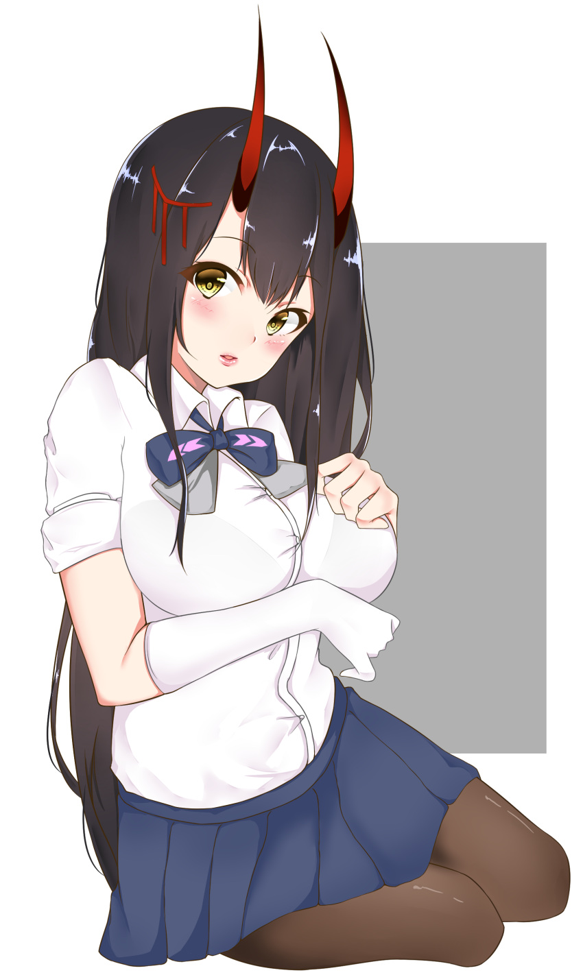 1girl absurdres ayuko_(mochiayuko) azur_lane black_hair black_legwear blue_neckwear blue_skirt blush bow bowtie breasts collared_shirt elbow_gloves eyebrows_visible_through_hair gloves grey_background grey_neckwear hair_ornament hand_on_own_chest highres horns lips long_hair looking_at_viewer medium_breasts miniskirt pantyhose parted_lips pleated_skirt shirt short_sleeves simple_background single_glove skirt solo straight_hair suzuya_(azur_lane) two-tone_background two-tone_neckwear white_background white_gloves white_shirt yellow_eyes