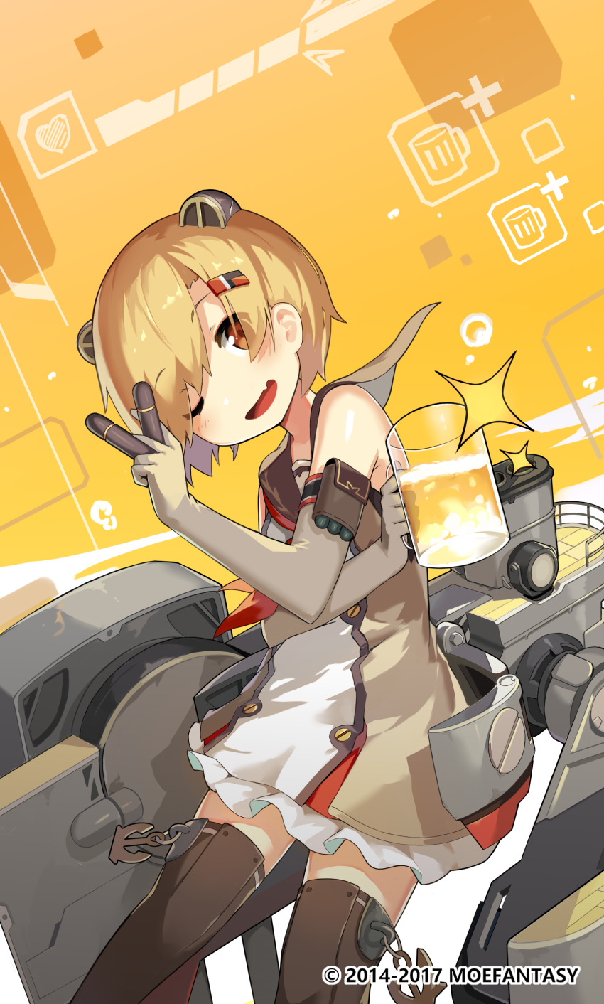 1girl absurdres alcohol anchor anchor_symbol animal_ears armband bangs bare_shoulders beer beer_mug blonde_hair blush cannon cowboy_shot detached_sleeves dress fake_animal_ears graf_spee_(warship_girls_r) hair_between_eyes hair_ornament hair_over_one_eye hairclip highres holding lino-lin looking_at_viewer machinery open_mouth red_eyes rigging short_hair smile solo thigh-highs torpedo warship_girls_r