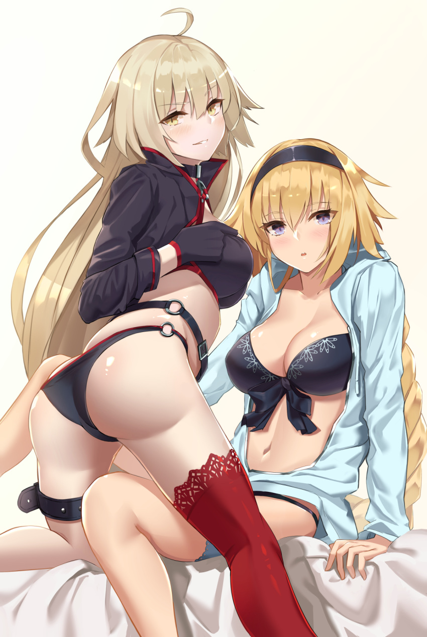 2girls :o ahoge arm_support ass bangs belt bikini black_bikini black_gloves blonde_hair blue_eyes blue_jacket blush braid breasts cleavage collarbone commentary_request fate/grand_order fate_(series) front-tie_bikini front-tie_top gloves hair_between_eyes hairband highres jacket jeanne_d'arc_(alter_swimsuit_berserker) jeanne_d'arc_(fate)_(all) jeanne_d'arc_(swimsuit_archer) large_breasts leg_belt long_hair long_sleeves looking_at_viewer looking_back medium_breasts monyu_(monyupop) multiple_girls navel open_clothes open_jacket parted_lips red_legwear shrug_(clothing) single_braid single_thighhigh sitting smile stomach swimsuit thigh-highs thighs very_long_hair yellow_eyes