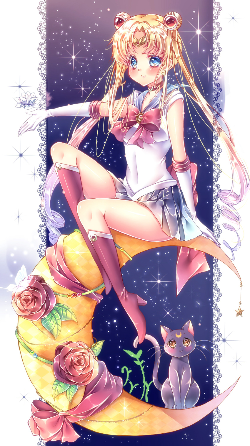 1girl absurdres back_bow bishoujo_senshi_sailor_moon black_cat blonde_hair blue_eyes blue_sailor_collar blue_skirt blush boots border bow brooch cat choker circlet closed_mouth collarbone commentary_request covered_navel crescent crescent_earrings double_bun earrings elbow_gloves eyebrows_visible_through_hair flower gloves hair_ornament hand_up highres jewelry knee_boots knee_up long_hair looking_at_viewer luna_(sailor_moon) magical_girl moon night night_sky pleated_skirt red_bow red_flower red_footwear rose sailor_collar sailor_moon sailor_senshi sailor_senshi_uniform sitting skirt sky smile star_(sky) starry_sky touki_matsuri tsukino_usagi twintails white_gloves