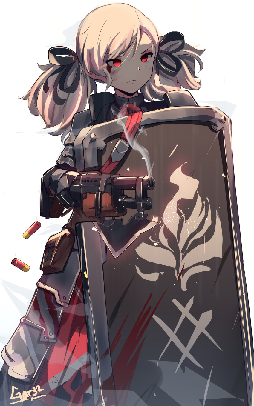 &gt;:( 1girl absurdres bangs black_jacket black_ribbon black_skirt blonde_hair blood blood_on_face closed_mouth commentary eyebrows_visible_through_hair frown girls_frontline gun hair_between_eyes hair_ribbon highres holding holding_gun holding_weapon jacket long_hair long_sleeves looking_away object_namesake red_eyes ribbon shield shotgun signature simple_background skirt smoke smoking_gun solo spas-12 spas-12_(girls_frontline) tegar32 twintails weapon white_background