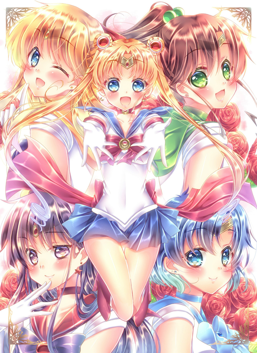 5girls ;d absurdres aino_minako back_bow bare_legs bishoujo_senshi_sailor_moon black_hair blonde_hair blue_bow blue_eyes blue_hair blue_sailor_collar blue_skirt blush boots bow brooch brown_hair choker circlet closed_mouth collarbone commentary_request covered_navel crescent crescent_earrings double_bun earrings elbow_gloves eyebrows_visible_through_hair flower gloves green_eyes green_sailor_collar hair_bobbles hair_bow hair_ornament hairpin hand_on_own_face highres hino_rei index_finger_raised inner_senshi jewelry kino_makoto knee_boots long_hair looking_at_viewer looking_back magical_girl mizuno_ami multiple_girls one_eye_closed open_mouth orange_sailor_collar outstretched_arms pink_bow pleated_skirt ponytail red_bow red_flower red_footwear rose sailor_collar sailor_jupiter sailor_mars sailor_mercury sailor_moon sailor_senshi sailor_senshi_uniform sailor_venus short_hair skirt smile symmetry thigh_gap touki_matsuri tsukino_usagi twintails white_gloves