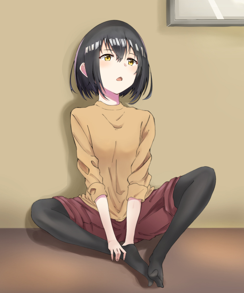 1girl :o absurdres against_wall bangs black_legwear blush commentary_request hair_between_eyes hands_on_own_feet highres indoors looking_at_viewer no_shoes on_ground open_mouth original pantyhose red_shorts short_hair shorts sitting sleeves_rolled_up solo sorazee12 sweater yellow_eyes