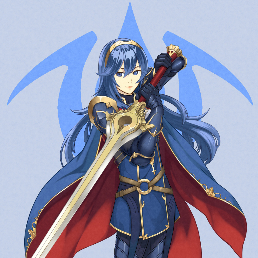 1girl absurdres armor blue_eyes blue_hair cape dakkalot falchion_(fire_emblem) fingerless_gloves fire_emblem fire_emblem:_kakusei fire_emblem_heroes fire_emblem_musou gloves hair_between_eyes highres intelligent_systems long_hair looking_at_viewer lucina nintendo simple_background smile solo super_smash_bros. super_smash_bros._ultimate super_smash_bros_brawl super_smash_bros_for_wii_u_and_3ds sword tiara weapon