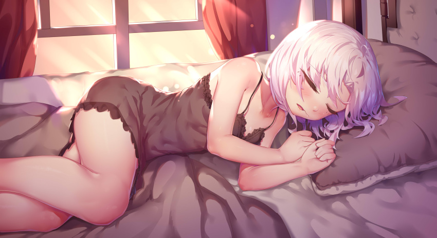 1girl absurdres bangs bare_arms bare_shoulders bed black_dress blush breasts closed_eyes collarbone commentary_request curtains dress drooling eyebrows_visible_through_hair facing_viewer fingernails hands_up highres indoors lying on_bed on_side parted_lips pillow ray_(pixiv9514208) saliva silver_hair sleeping sleeveless sleeveless_dress small_breasts solo sunset vittorio_veneto_(warship_girls_r) warship_girls_r window