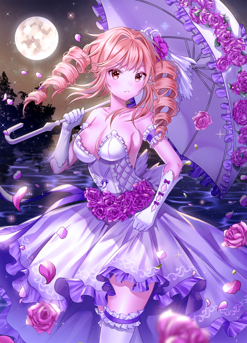 1girl aisha_(king's_raid) arm_garter bare_shoulders blonde_hair breasts chang_(user_rpea4874) cleavage closed_mouth collarbone commentary cowboy_shot dress drill_hair flower frilled_dress frills frown full_moon gloves hair_flower hair_intakes hair_ornament highres holding holding_umbrella king's_raid large_breasts long_hair looking_at_viewer moon night night_sky outdoors petals pink_flower purple_flower red_eyes rose sidelocks sky solo sparkle standing star_(sky) starry_sky strapless strapless_dress thigh-highs tree twin_drills twintails umbrella v-shaped_eyebrows water white_dress white_gloves white_legwear zettai_ryouiki