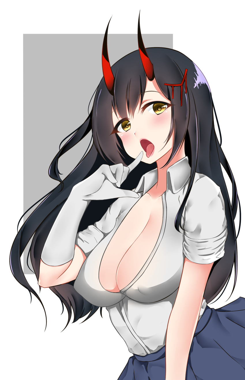 1girl absurdres ayuko_(mochiayuko) azur_lane black_hair blue_skirt breasts cleavage collared_shirt cowboy_shot elbow_gloves erect_nipples gloves grey_background hair_ornament highres horns index_finger_raised large_breasts long_hair looking_at_viewer open_clothes open_mouth open_shirt shirt short_sleeves simple_background single_glove skirt solo straight_hair suzuya_(azur_lane) tongue tongue_out two-tone_background white_background white_gloves white_shirt yellow_eyes