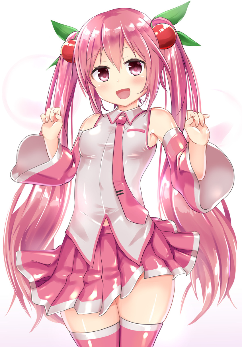 1girl :d bare_shoulders blush breasts cherry_hair_ornament commentary_request cowboy_shot detached_sleeves fingernails food_themed_hair_ornament hair_ornament hands_up hatsune_miku head_tilt highres long_hair long_sleeves looking_at_viewer naka necktie open_mouth pink_hair pink_legwear pink_neckwear pink_skirt pink_sleeves pleated_skirt red_eyes sakura_miku shiny shiny_clothes shirt skirt sleeveless sleeveless_shirt small_breasts smile solo thigh-highs tie_clip twintails very_long_hair vocaloid white_shirt wide_sleeves