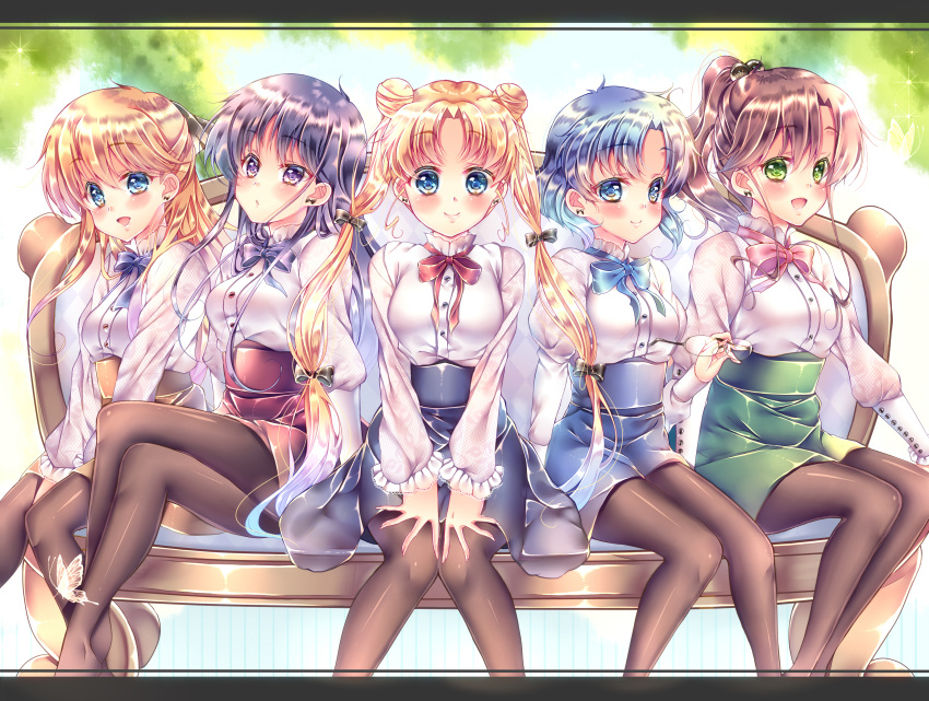 5girls absurdres adapted_costume aino_minako bench bishoujo_senshi_sailor_moon black-framed_eyewear black_border black_ribbon blonde_hair blue_eyes blue_hair blue_ribbon blue_skirt blue_sky blush border breasts brown_hair brown_legwear closed_mouth clouds commentary_request earrings eyebrows_visible_through_hair green_eyes green_skirt hair_bobbles hair_ornament hair_ribbon half_updo high-waist_skirt high_ponytail highres hino_rei holding holding_eyewear huge_filesize jewelry kino_makoto legs_crossed long_hair matching_outfit medium_breasts mizuno_ami multiple_girls neck_ribbon on_bench open_mouth orange_skirt outdoors pantyhose pink_ribbon ponytail puffy_sleeves purple_hair purple_ribbon red_ribbon red_skirt ribbon shirt short_hair sitting skirt sky smile touki_matsuri tsukino_usagi twintails violet_eyes white_shirt