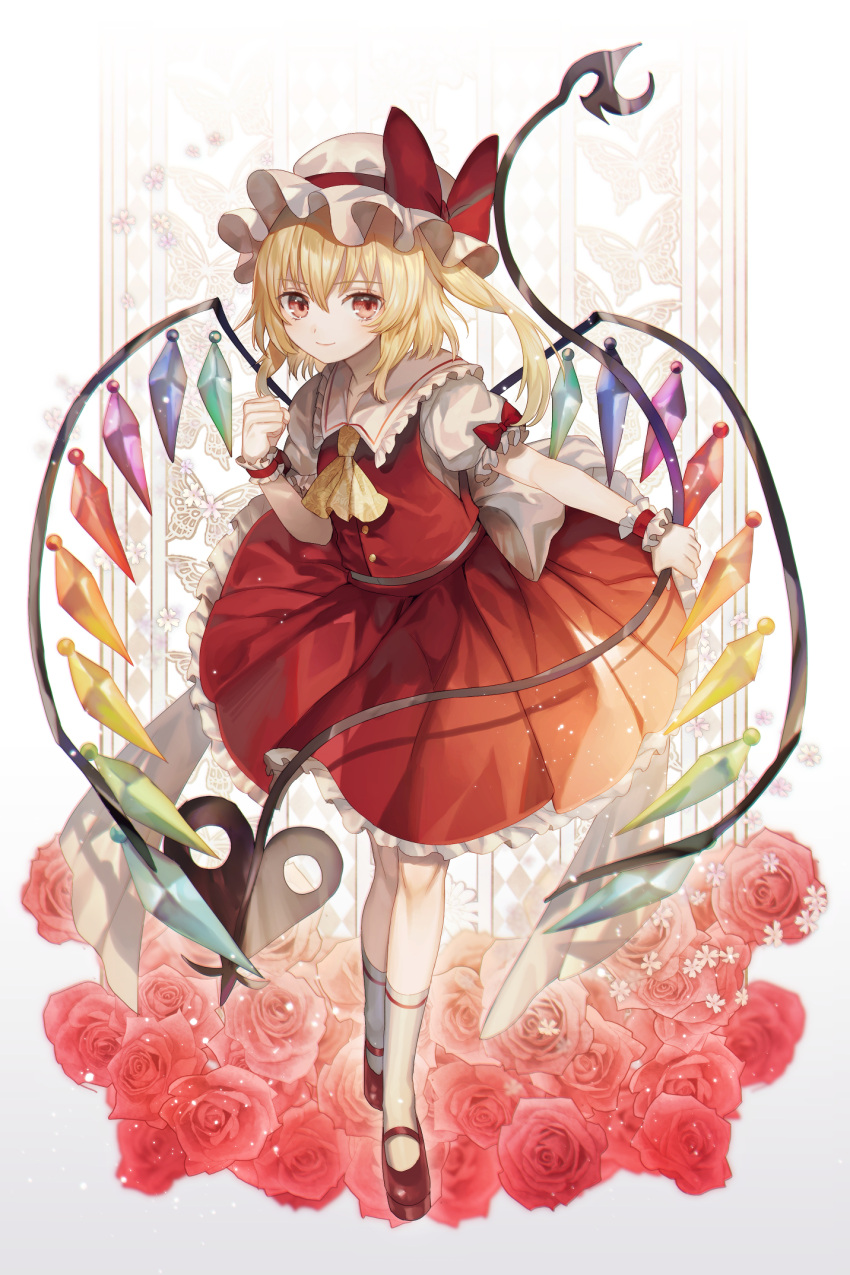 1girl abandon_ranka ascot bangs blonde_hair bow clenched_hand commentary_request crystal eyebrows_visible_through_hair flandre_scarlet flower frilled_shirt_collar frills full_body gradient gradient_background grey_background hair_between_eyes hand_up hat hat_bow highres holding kneehighs laevatein long_hair mary_janes mob_cap one_side_up petticoat puffy_short_sleeves puffy_sleeves red_bow red_eyes red_flower red_footwear red_rose red_skirt red_vest rose shirt shoes short_sleeves skirt skirt_set solo touhou vest white_background white_headwear white_legwear white_shirt wings yellow_neckwear