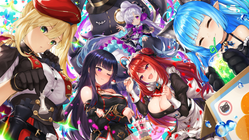 5girls :d ^_^ ahoge animal_ears bangs bare_shoulders belt beret black_gloves black_hair blonde_hair blue_hair blush bonnet breasts cat_ears cat_paws chess_piece cleavage closed_eyes closed_eyes cup detached_sleeves dress drinking_glass drinking_stra epaulettes fangs food fruit gloves green_eyes hair_ornament hair_over_one_eye hat heart highres inayama king's_raid large_breasts long_hair looking_at_viewer maid maid_headdress multiple_girls one_eye_closed open_mouth pantyhose parfait paws petals pointy_ears purple_hair red_eyes redhead side_ponytail silver_hair sleeves_past_wrists smile spoon strawberry twintails violet_eyes white_legwear