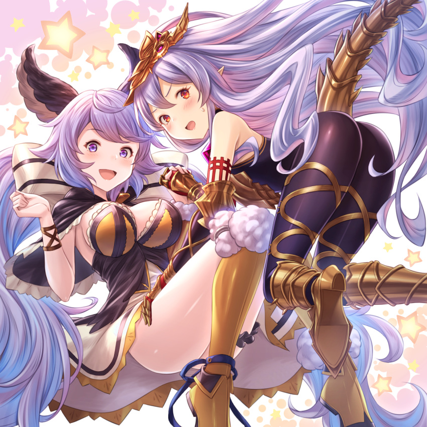 2girls :d animal_ears ass bangs bare_shoulders black_capelet blush bodysuit boots breastplate breasts capelet cleavage elbow_gloves frills fur_trim gloves granblue_fantasy hair_between_eyes hair_ribbon hand_on_another's_thigh headpiece highres interlocked_fingers large_breasts lavender_hair leg_garter long_hair looking_at_viewer low_twintails medusa_(shingeki_no_bahamut) multiple_girls open_mouth pointy_ears purple_hair red_eyes ribbon satyr_(granblue_fantasy) smile star tail tomo_(user_hes4085) twintails very_long_hair violet_eyes