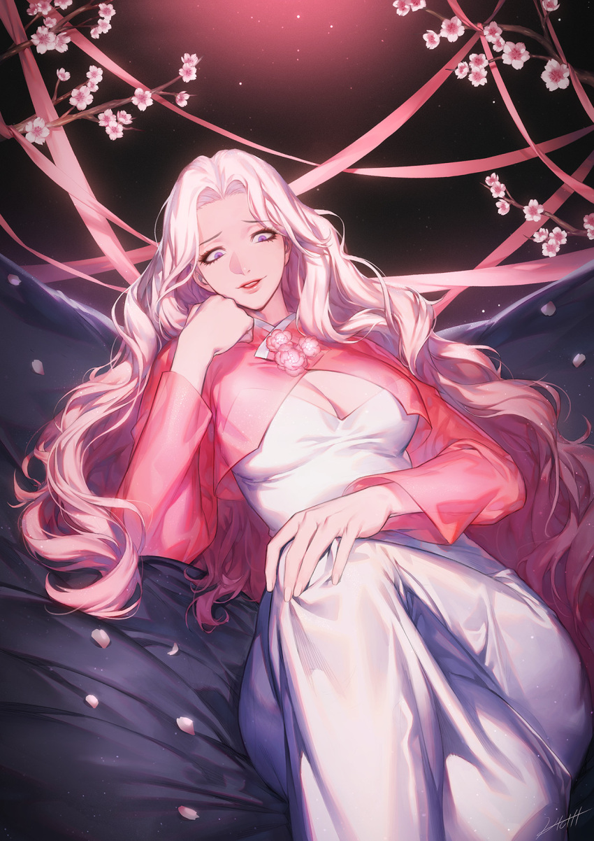1girl breasts character_request cherry_blossoms cleavage commentary_request copyright_request dress eyelashes eyeliner hichi highres large_breasts legs_crossed lips long_dress long_hair makeup petals pink_hair reclining see-through shrug_(clothing) signature solo very_long_hair violet_eyes white_dress