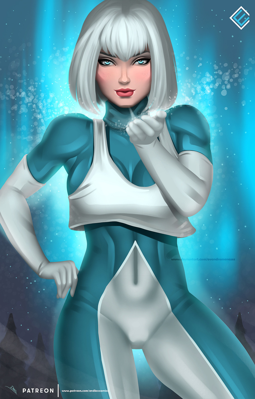 1girl absurdres artist_name blue_eyes bodysuit covered_navel dc_comics evandro_menezes freckles gloves highres ice ice_(dc_comics) justice_league patreon_logo patreon_username snowing solo tora_olafsdotter watermark web_address white_hair