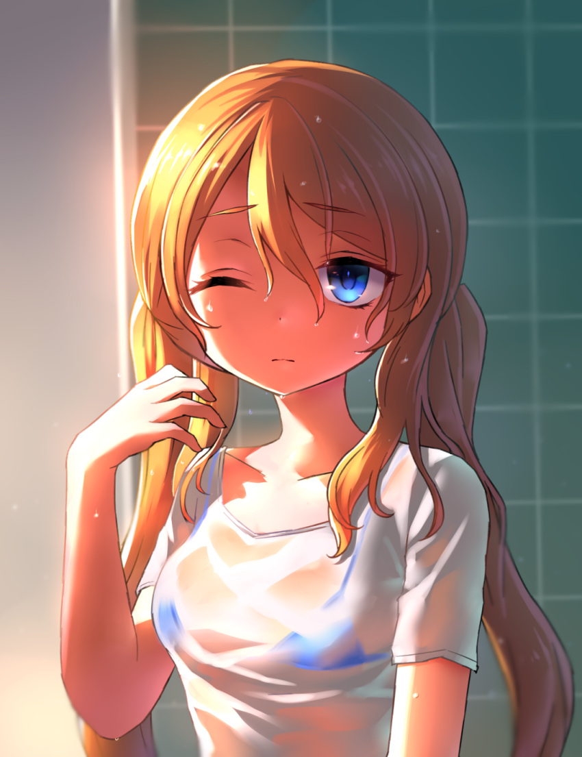 1girl blonde_hair blue_eyes bra commentary_request elina_lavrentieva eyebrows_visible_through_hair hair_between_eyes highres long_hair looking_at_viewer neit_ni_sei one_eye_closed original shadow shirt short_sleeves solo tile_wall tiles twintails underwear upper_body wet wet_clothes wet_shirt wet_t-shirt white_shirt