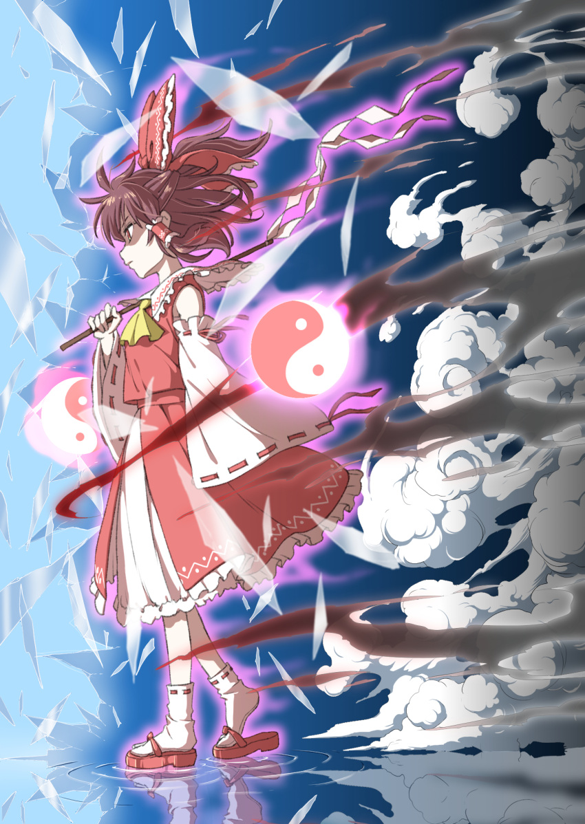 1girl ascot aura bare_shoulders bow broken_glass brown_eyes brown_hair clouds commentary_request detached_sleeves frilled_bow frilled_shirt_collar frills from_side full_body glass gohei hair_bow hair_tubes hakurei_reimu half_updo highres holding inuno_rakugaki long_sleeves petticoat profile red_bow red_footwear red_skirt reflection ribbon-trimmed_legwear ribbon-trimmed_sleeves ribbon_trim ripples sandals shattered short_hair sidelocks skirt skirt_set socks solo touhou walking white_legwear wide_sleeves yellow_neckwear yin_yang