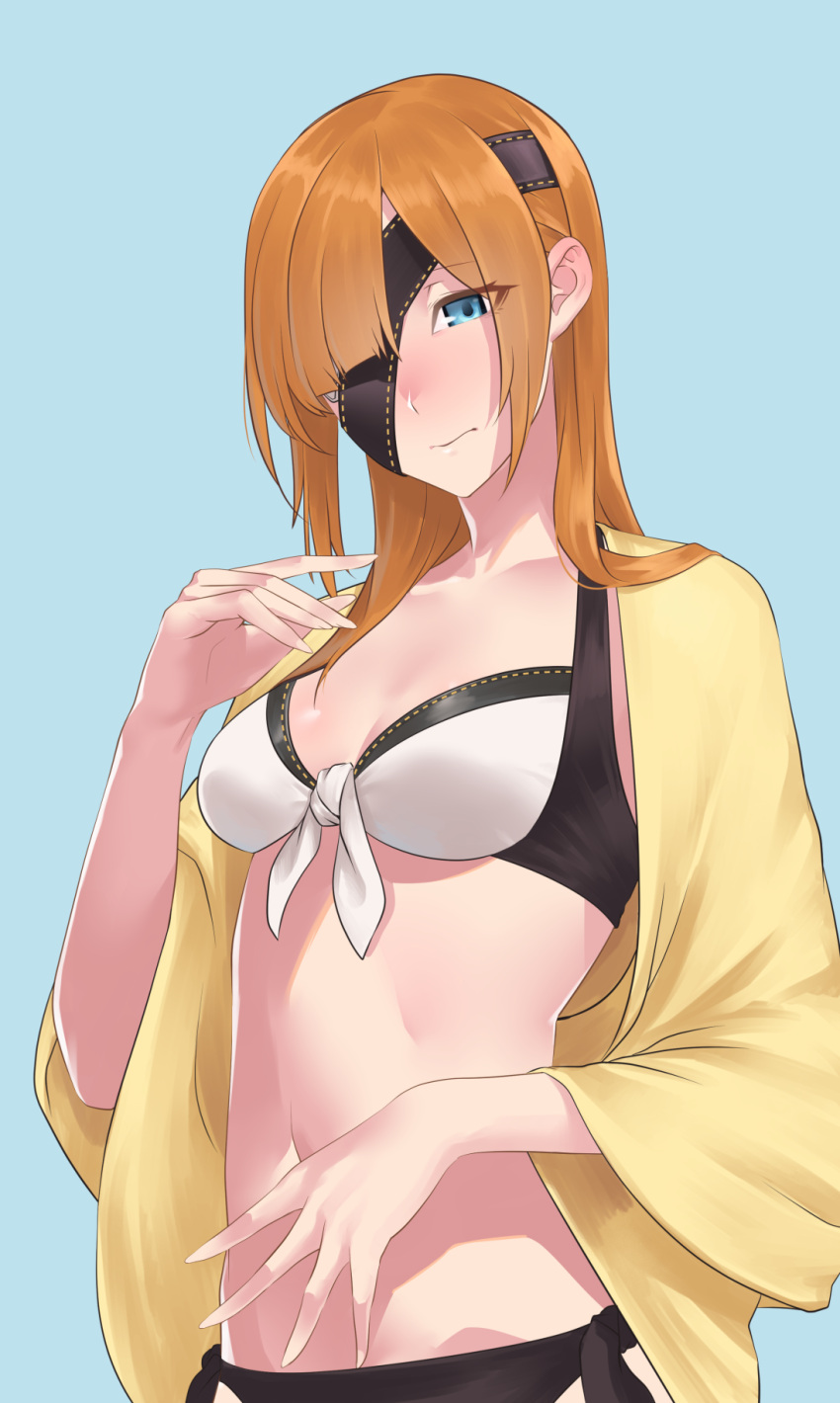 1girl bikini blue_eyes blush breasts brown_hair closed_mouth collarbone eyepatch fate/grand_order fate_(series) hair_over_one_eye highres hikichi_sakuya jacket long_hair long_sleeves looking_at_viewer navel open_clothes open_jacket ophelia_phamrsolone simple_background small_breasts solo swimsuit white_bikini yellow_jacket