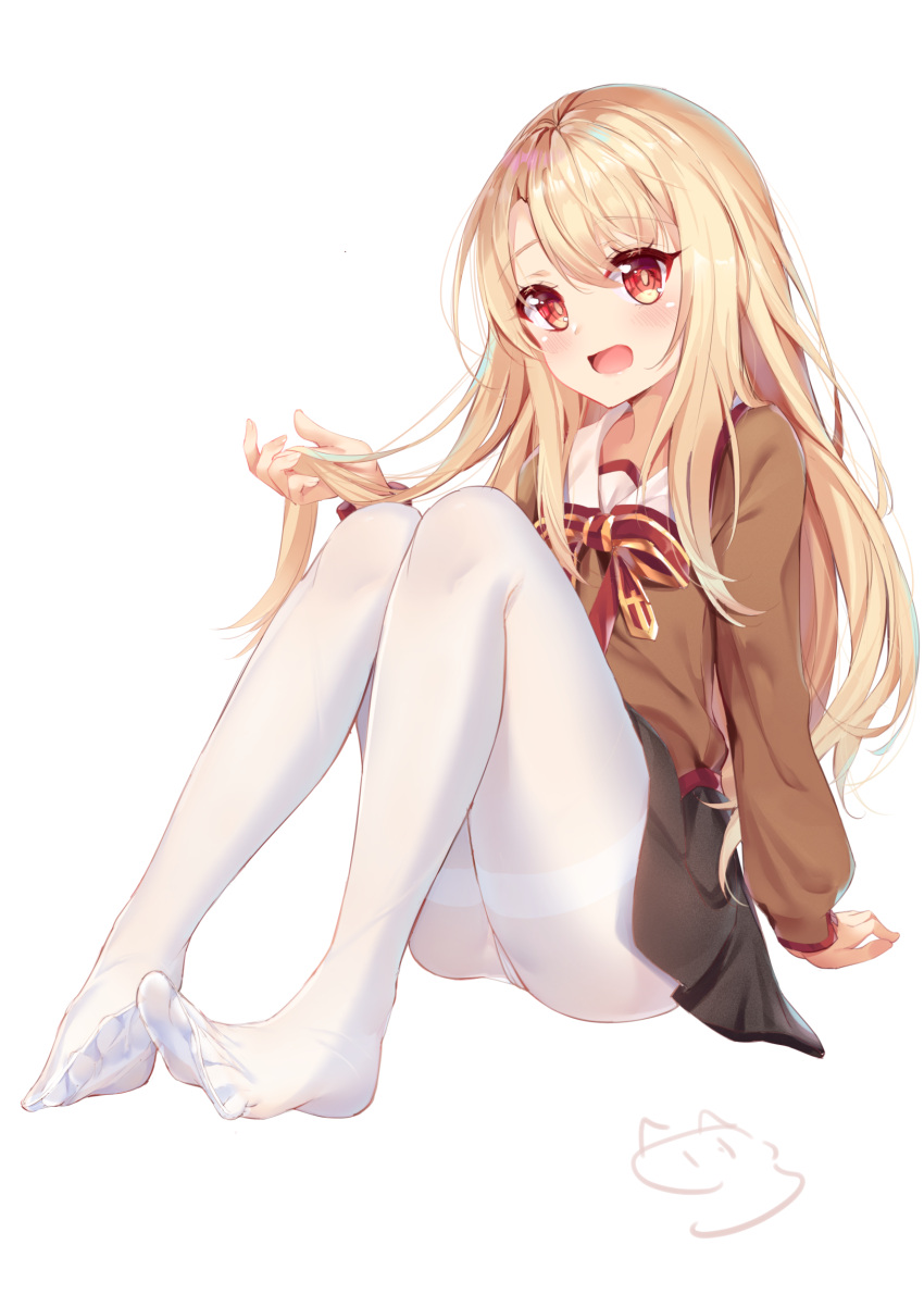 1girl :d ass bangs black_skirt blonde_hair blush bow brown_shirt collared_shirt eyebrows_visible_through_hair fate/kaleid_liner_prisma_illya fate_(series) feet fingernails full_body hair_between_eyes hand_up head_tilt highres holding holding_hair homurahara_academy_uniform illyasviel_von_einzbern legs long_hair looking_at_viewer nahaki no_shoes open_mouth panties pantyhose red_bow red_eyes school_uniform shirt signature simple_background sitting skirt smile solo striped striped_bow thighband_pantyhose underwear very_long_hair white_background white_legwear white_panties