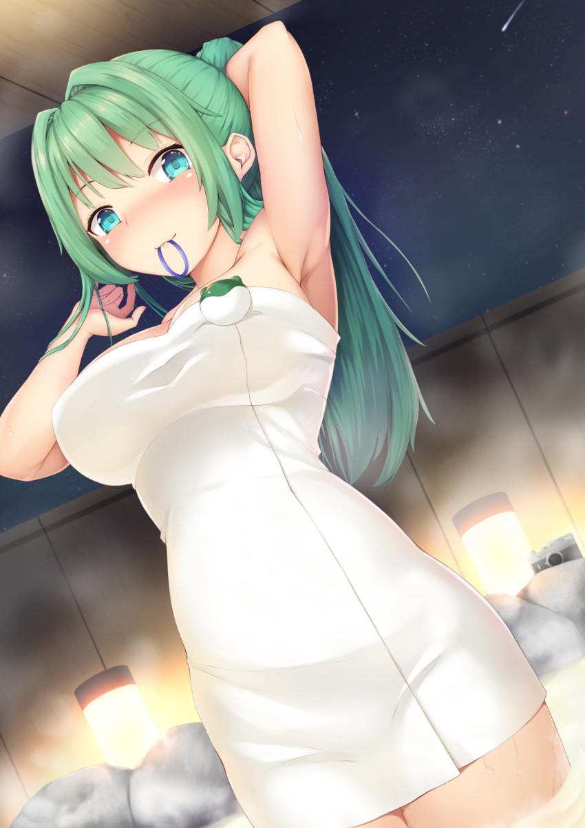 1girl alternate_hairstyle aqua_eyes arm_up armpits bangs bare_arms bare_shoulders breasts camera commentary_request cowboy_shot dutch_angle eyebrows_visible_through_hair green_hair hair_between_eyes hair_intakes hair_ornament hair_tie hair_tie_in_mouth hand_up highres holding holding_hair kochiya_sanae large_breasts long_hair mouth_hold naked_towel night night_sky onsen ponytail rock shooting_star sidelocks sky smile solo standing star_(sky) starry_sky steam tatsumiya_kagari thighs touhou towel wading water