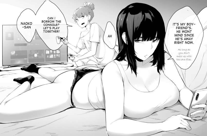 2girls bangs bed blunt_bangs breasts cellphone cleavage commentary english_commentary english_text evelyn_gandana game_console greyscale hair_bun highres holding holding_phone large_breasts long_hair lying monochrome multiple_girls naoko-san naoko_(9113419) off_shoulder on_stomach original panties phone playing_games playstation_4 playstation_controller shirt sidelocks socks t-shirt tank_top television underwear