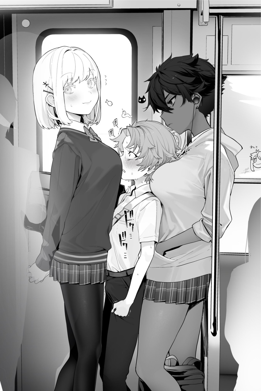 1boy 2girls bangs blush closed_mouth collared_shirt commentary_request earphones eyebrows_visible_through_hair greyscale hand_in_pocket highres long_sleeves monochrome multiple_girls ohisashiburi original pants pantyhose pleated_skirt school_uniform shirt short_hair short_sleeves skirt standing