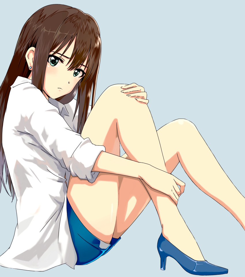 1girl absurdres blue_footwear blue_shorts brown_hair collared_shirt dress_shirt earrings full_body green_eyes grey_background high_heels highres idolmaster idolmaster_cinderella_girls jewelry long_hair looking_at_viewer pump shibuya_rin shiki_(0802makimari) shiny shiny_hair shirt short_shorts shorts simple_background sitting solo white_shirt wing_collar