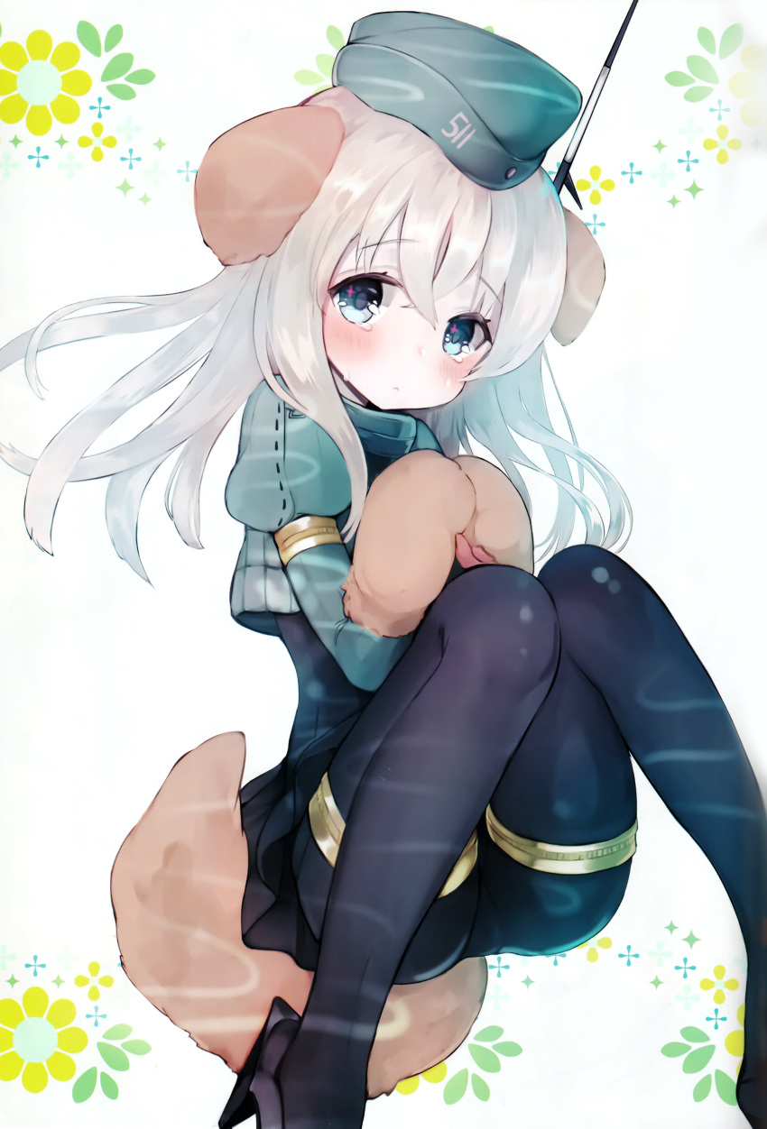 1girl absurdres animal_ears ass bangs blue_eyes blush closed_mouth cropped_jacket dog_ears dog_paws dog_tail eyebrows_visible_through_hair floral_print hair_between_eyes hands_together hat headgear highres kantai_collection kemonomimi_mode legs_folded long_hair long_sleeves looking_at_viewer pantyhose paws puffy_short_sleeves puffy_sleeves scan school_swimsuit shoes short_sleeves silver_hair simple_background solo suzuho_hotaru swimsuit swimsuit_under_clothes tail tearing_up tears thigh-highs u-511_(kantai_collection) uniform