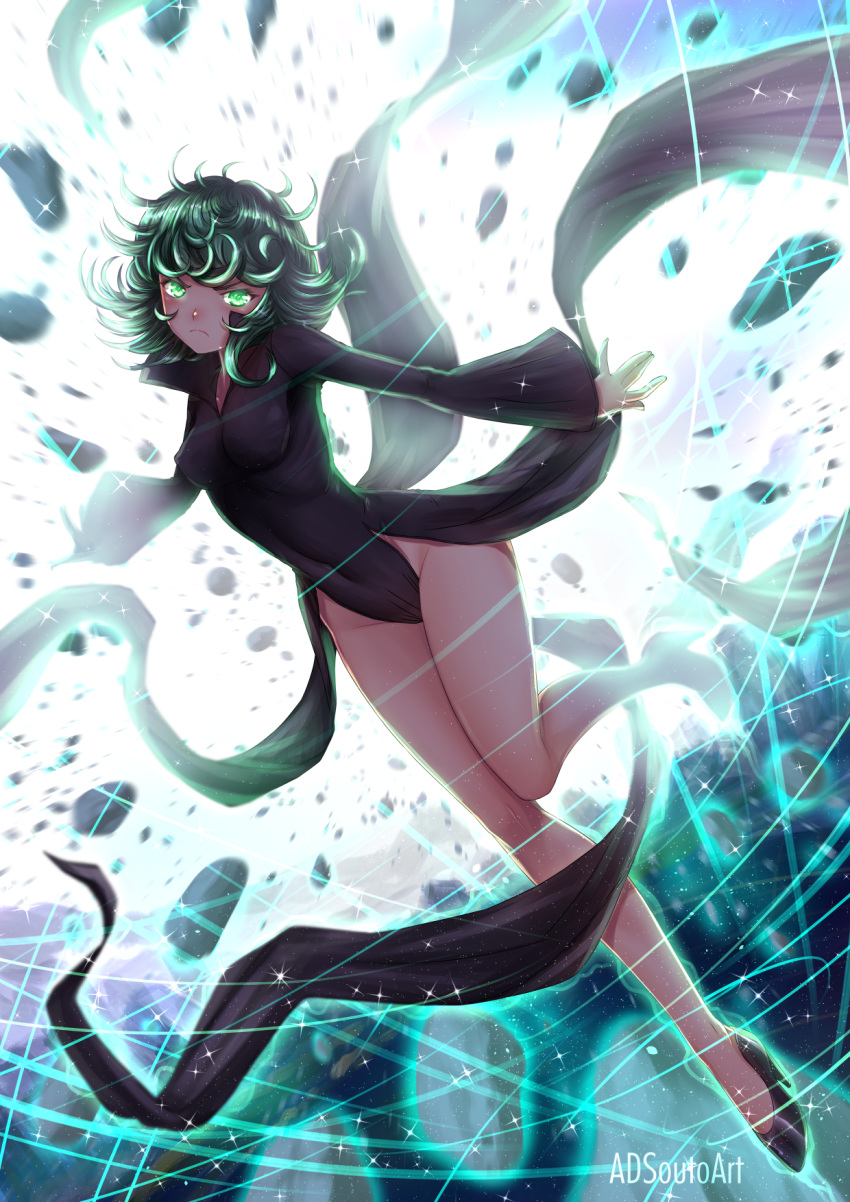 1girl adsouto artist_name black_dress blush breasts closed_mouth covered_navel curly_hair dress floating full_body glowing glowing_eyes green_eyes green_hair high_heels highres no_panties one-punch_man pelvic_curtain short_hair side_slit small_breasts solo tatsumaki telekinesis