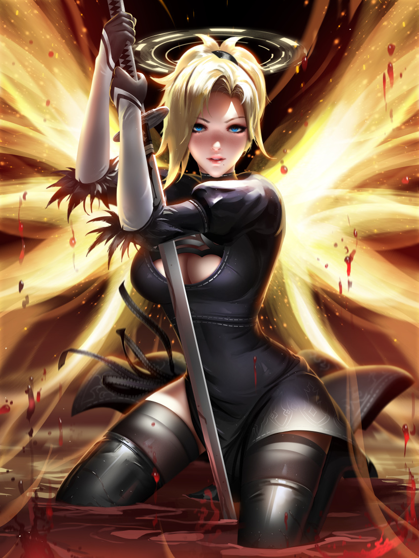 1girl absurdres arms_up black_dress black_gloves blonde_hair blue_eyes breasts cleavage cleavage_cutout cosplay covered_navel dress energy_wings feather-trimmed_sleeves freckles full_body gloves halo hands_on_hilt high_ponytail highres huge_filesize juliet_sleeves kneeling kneeling_on_water large_breasts liang_xing light_particles lips long_sleeves looking_at_viewer mercy_(overwatch) mole mole_under_eye mole_under_mouth nier_(series) nier_automata overwatch paid_reward parted_lips patreon_reward pink_lips planted_sword planted_weapon ponytail puffy_sleeves solo sword thigh-highs upper_teeth virtuous_contract wading weapon yorha_no._2_type_b yorha_no._2_type_b_(cosplay)