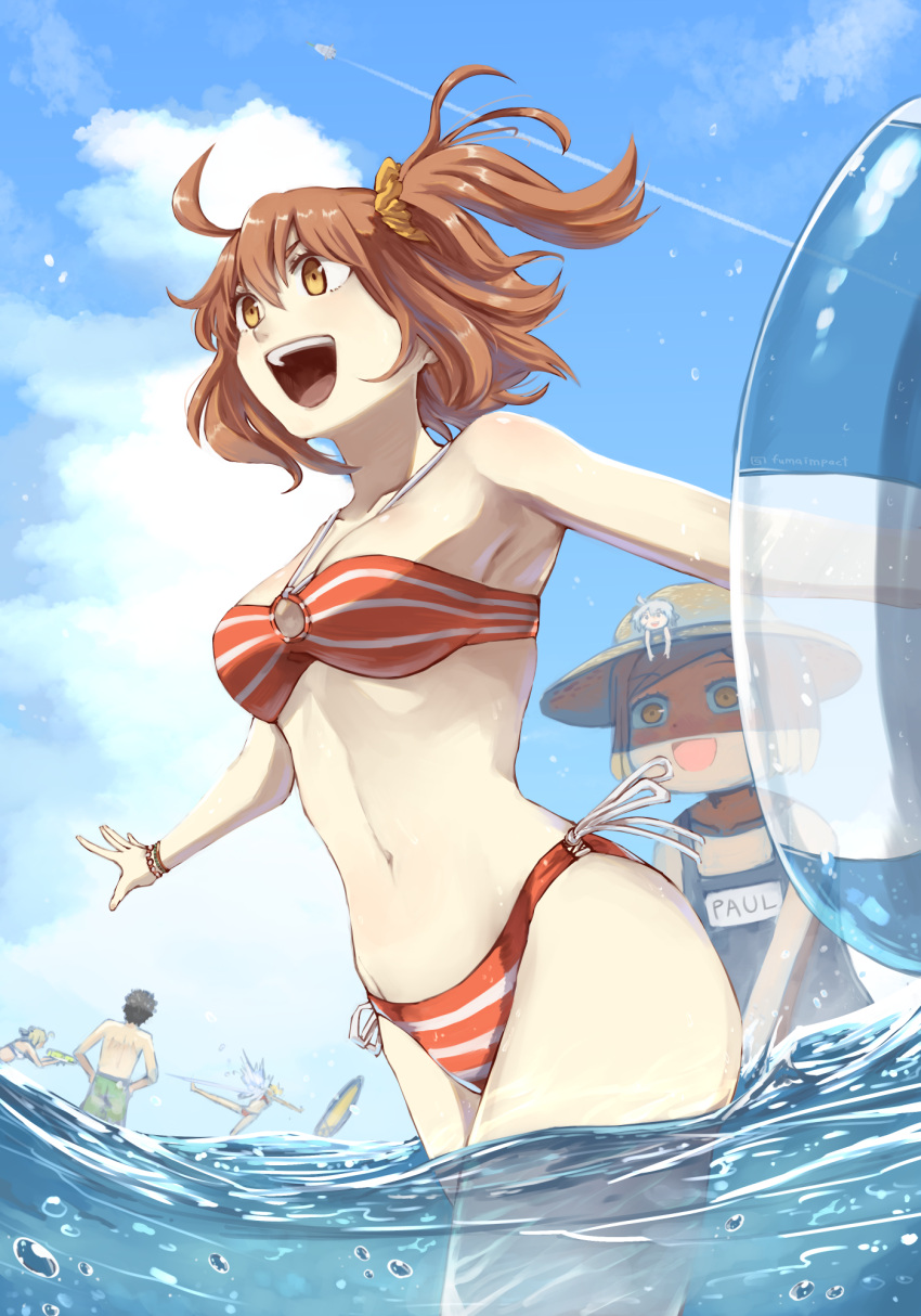 1boy 4girls :d ahoge armpits artoria_pendragon_(all) bandeau bare_arms bare_shoulders bikini black_hair blonde_hair blue_sky blue_swimsuit bow breasts brown_eyes brown_hair character_name collarbone commentary_request day fate/grand_order fate_(series) from_above fujimaru_ritsuka_(female) fujimaru_ritsuka_(male) fumafu hair_bow hair_ornament hair_scrunchie happy highres innertube jack_the_ripper_(fate/apocrypha) looking_at_another medium_breasts mordred_(fate) mordred_(fate)_(all) multiple_girls navel o-ring o-ring_bikini open_mouth orange_bikini orange_bikini_bottom orange_bikini_top orange_scrunchie paul_bunyan_(fate/grand_order) red_bikini scrunchie short_hair side-tie_bikini sky smile solo_focus striped striped_bikini surfboard swimsuit thighs topless wading water wristband