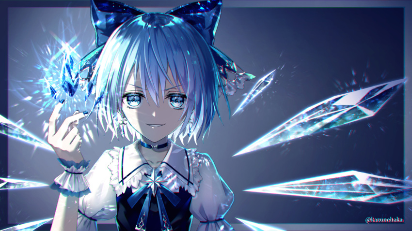 &gt;:) 1girl artist_name bangs blue_background blue_border blue_bow blue_choker blue_dress blue_eyes blue_hair blue_nails blue_neckwear blue_ribbon border bow brooch choker chromatic_aberration cirno collarbone commentary_request dress eyebrows_visible_through_hair frilled_shirt_collar frills grin hair_between_eyes hair_bow hand_up ice ice_wings jewelry kazunehaka looking_at_viewer nail_polish neck_ribbon outside_border pinafore_dress puffy_short_sleeves puffy_sleeves ribbon shirt short_hair short_sleeves smile solo touhou twitter_username upper_body v-shaped_eyebrows white_shirt wings wrist_cuffs