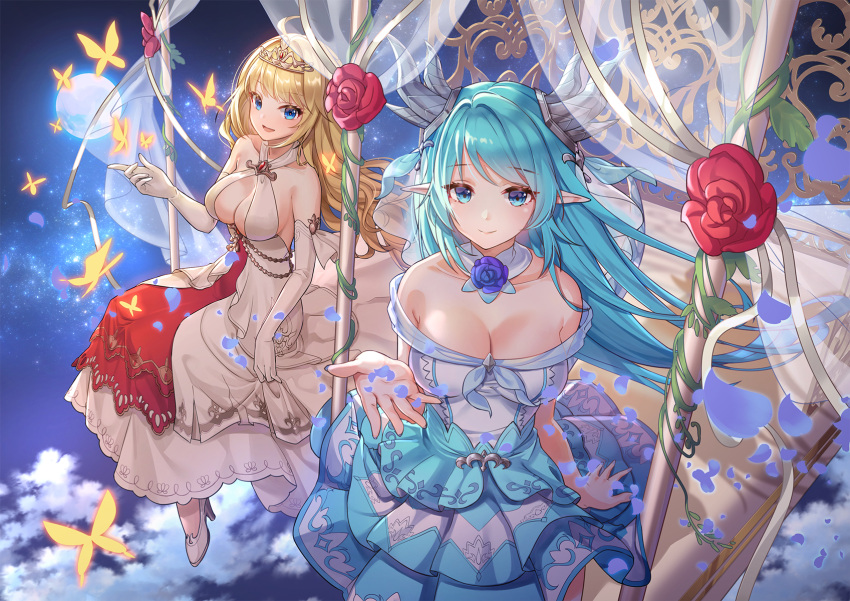 2girls :d ahoge aqua_hair artemia_(king's_raid) bare_shoulders bed blonde_hair blue_dress blue_eyes blue_flower breasts bug butterfly chibi_vanille cleavage closed_mouth collarbone commentary criss-cross_halter dragon_girl dragon_horns dress elbow_gloves flower full_moon gloves halterneck high_heels highres horns insect king's_raid laias_(king's_raid) large_breasts layered_dress long_hair looking_at_viewer moon multiple_girls open_mouth petals pointy_ears red_flower rose sidelocks sitting smile tiara very_long_hair white_dress white_footwear white_gloves