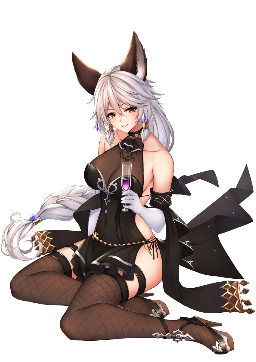 1girl absurdres amethyst_(gemstone) animal_ears bare_shoulders black_dress blush braid breasts brown_eyes brown_legwear champagne_flute cleavage collarbone cup dress drinking_glass earrings elbow_gloves erune fishnet_legwear fishnets full_body gloves granblue_fantasy hair_between_eyes hair_tubes heles high_heels highres holding holding_cup jewelry large_breasts long_hair looking_at_viewer parted_lips pelvic_curtain silver_hair simple_background single_braid sitting smile solo thigh-highs thigh_strap very_long_hair white_background white_gloves ym_(distance819) yokozuwari