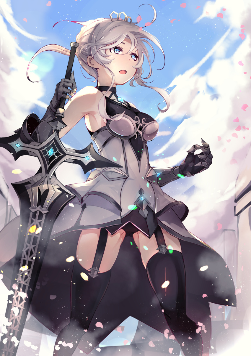 ahoge armor armpits bangs black_legwear blue_eyes blue_sky breasts day dress from_below gauntlets grey_hair hair_ornament highres holding holding_sword holding_weapon king's_raid light_particles long_hair medium_breasts open_mouth scarlet_(king's_raid) sidelocks sky sleeveless sleeveless_dress standing sword thigh-highs tiara weapon yu_kitsune