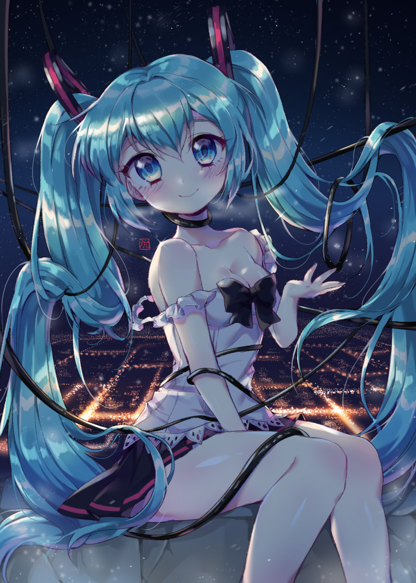 aqua_eyes aqua_hair bare_shoulders between_legs black_bow blush bow breasts city_lights cleavage frilled_shirt frills hand_between_legs hatsune_miku highres knees_together looking_at_viewer night night_sky pleated_skirt shirt sitting skirt sky smile snow star_(sky) starry_sky strap_slip unfragment_(vocaloid) vocaloid wire yeon-kun