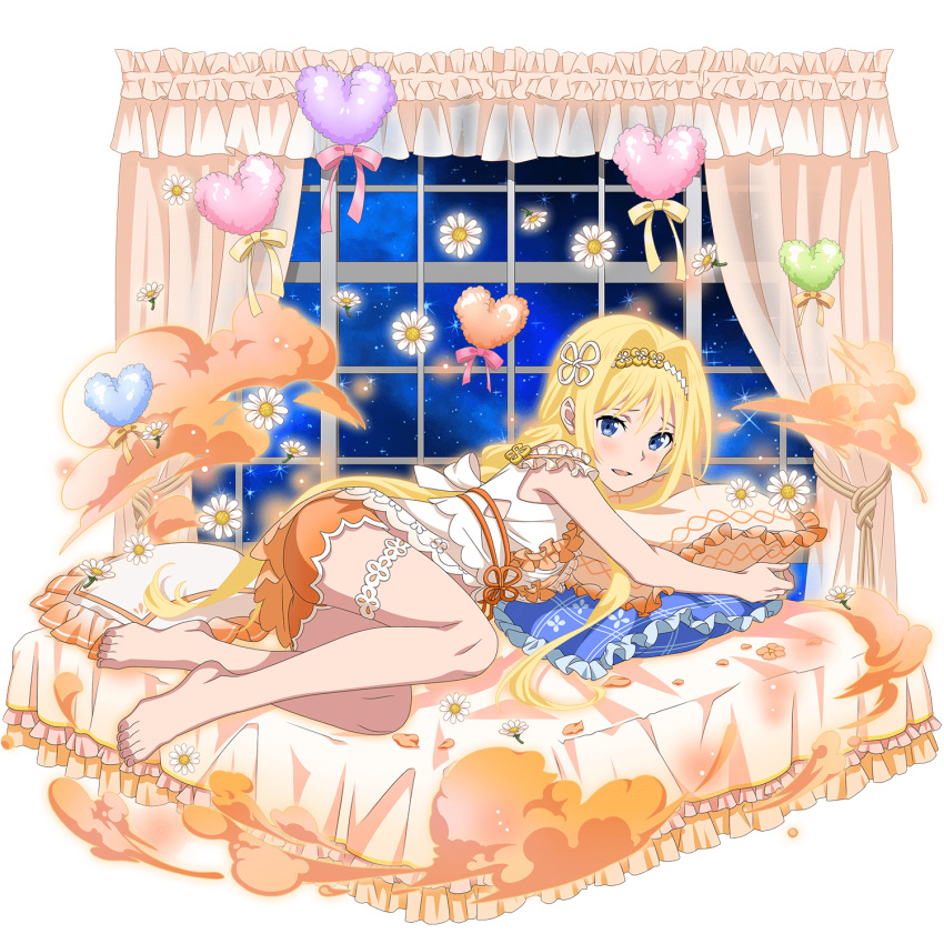1girl alice_schuberg barefoot blonde_hair blue_eyes daisy flower frilled_pillow frills full_body hair_intakes hair_ribbon heart highres long_hair looking_at_viewer lying nail_polish official_art on_bed on_side orange_ribbon orange_shorts pillow pink_nails pink_ribbon ribbon shirt short_shorts shorts sky sleeveless sleeveless_shirt solo sparkle star_(sky) starry_sky sword_art_online thigh_strap toenail_polish transparent_background very_long_hair white_ribbon white_shirt yellow_ribbon