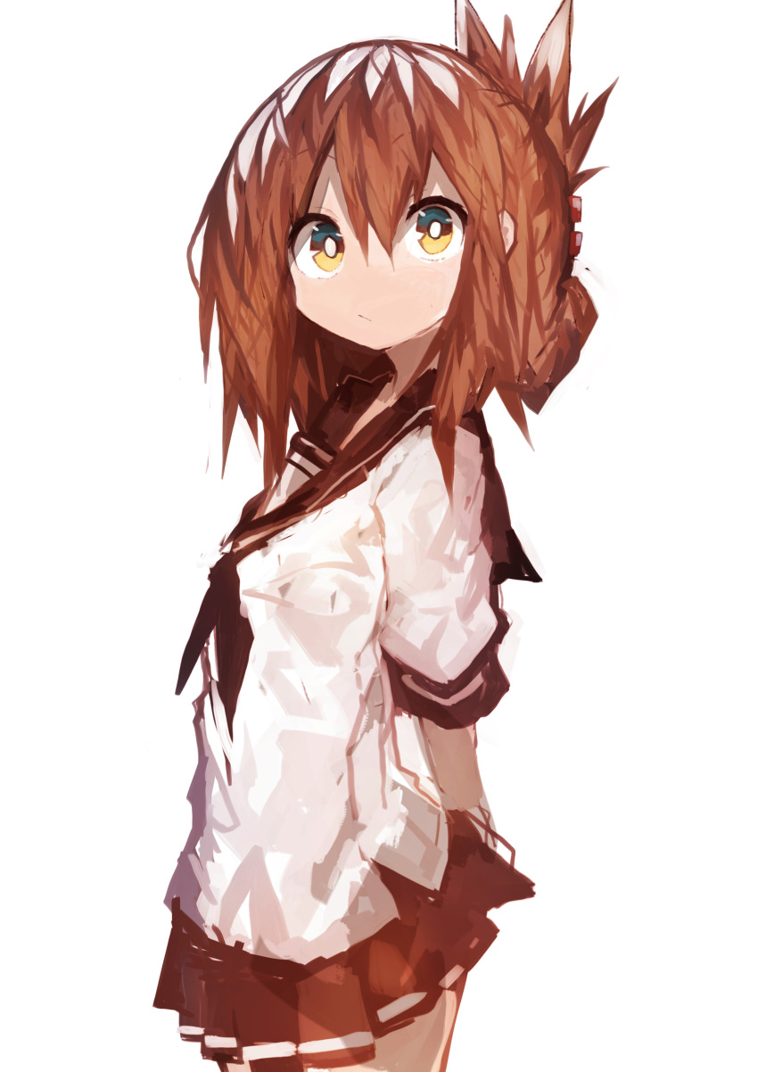 1girl absurdres aqua_eyes arms_behind_back black_neckwear black_sailor_collar bright_pupils brown_eyes brown_hair brown_skirt closed_mouth commentary_request cowboy_shot folded_ponytail from_side hair_between_eyes hair_ornament hairclip highres inazuma_(kantai_collection) kaamin_(mariarose753) kantai_collection long_hair looking_at_viewer looking_to_the_side miniskirt multicolored multicolored_eyes pleated_skirt sailor_collar short_sleeves simple_background skirt smile solo standing white_background white_pupils white_serafuku yellow_eyes
