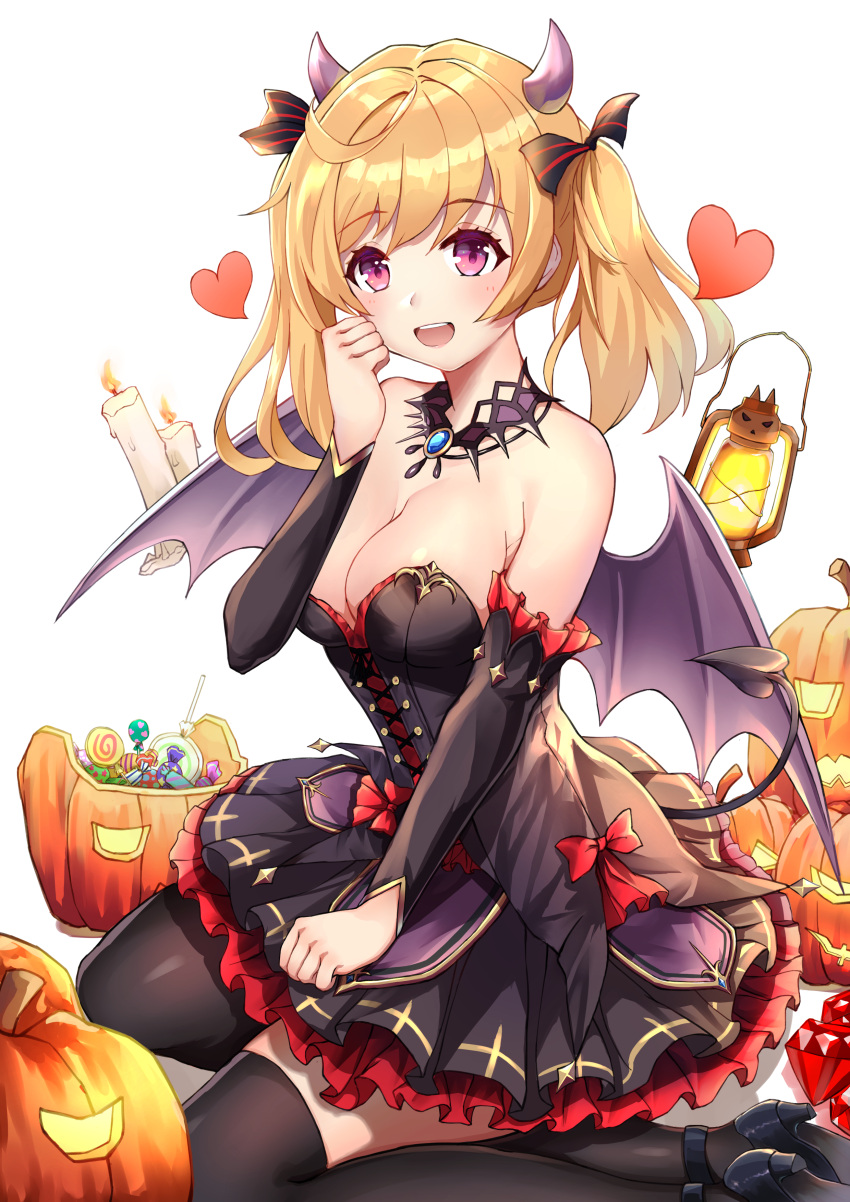 1girl :d absurdres bare_shoulders black_dress black_footwear black_legwear blonde_hair blush breasts candle candy candy_wrapper cleavage demon_horns demon_tail demon_wings detached_sleeves dress food frilled_dress frills hair_ribbon halloween_costume hand_up heart high_heels highres horns irato_at jack-o'-lantern king's_raid lamp layered_dress lollipop long_hair looking_at_viewer may_(king's_raid) medium_breasts open_mouth pink_eyes ribbon ruby_(gemstone) simple_background smile solo strapless strapless_dress swirl_lollipop tail thigh-highs twintails white_background wings