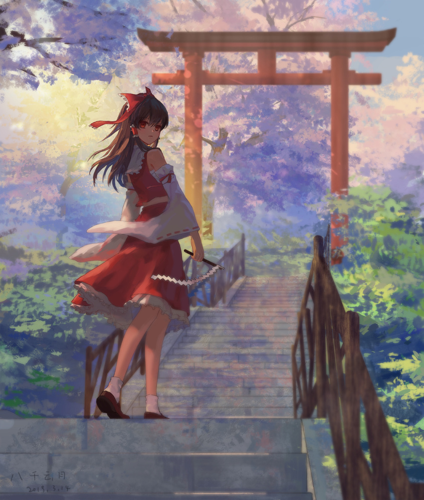 1girl 2019 bow brown_footwear brown_hair dated day detached_sleeves floating_hair frilled_bow frilled_hair_tubes frilled_skirt frills full_body hair_bow hair_tubes hakurei_reimu highres holding jessicaxx long_hair long_sleeves looking_at_viewer medium_skirt outdoors red_bow red_eyes red_ribbon red_shirt red_skirt ribbon ribbon-trimmed_sleeves ribbon_trim shirt skirt sleeveless sleeveless_shirt socks solo stairs standing torii touhou white_legwear white_sleeves wide_sleeves