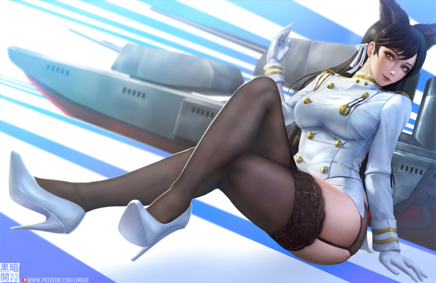 1girl aiguillette animal_ears atago_(azur_lane) azur_lane bangs black_hair black_legwear bottomless breasts commentary double-breasted dutch_angle english_commentary extra_ears full_body garter_straps gloves high_heels highres lace lace-trimmed_legwear legs_crossed limgae long_hair looking_at_viewer medium_breasts military military_uniform miniskirt patreon_username ribbon ship sitting skindentation skirt solo swept_bangs thigh-highs uniform watercraft white_footwear white_gloves white_ribbon yellow_eyes