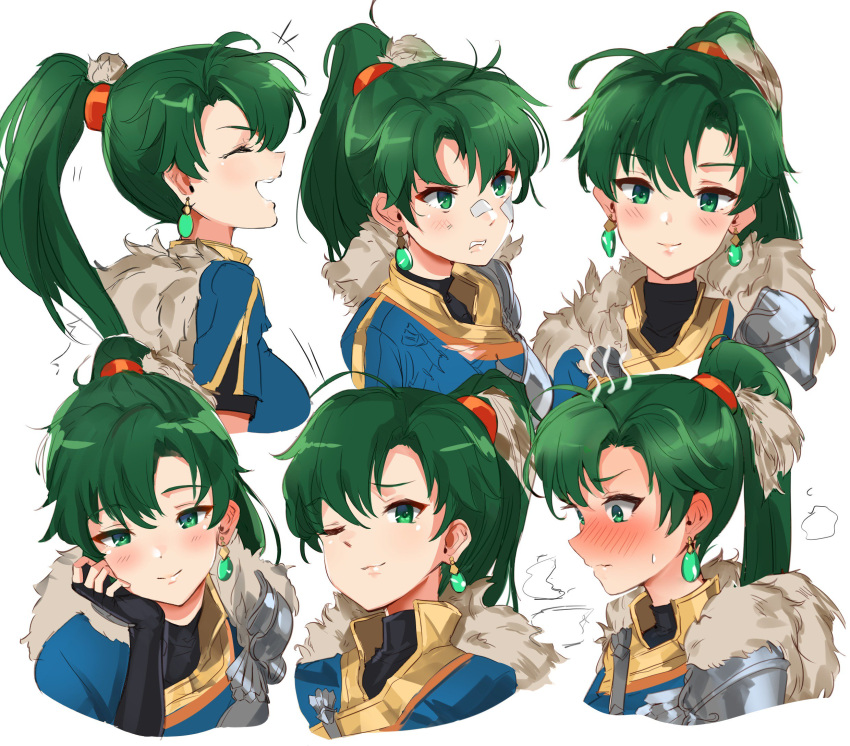 1girl angry blush earrings embarrassed faces fingerless_gloves fire_emblem fire_emblem:_rekka_no_ken fire_emblem_heroes fur_trim gloves green_eyes green_hair high_ponytail highres jewelry long_hair looking_at_viewer lyndis_(fire_emblem) nintendo ormille pelvic_curtain ponytail sad smile solo