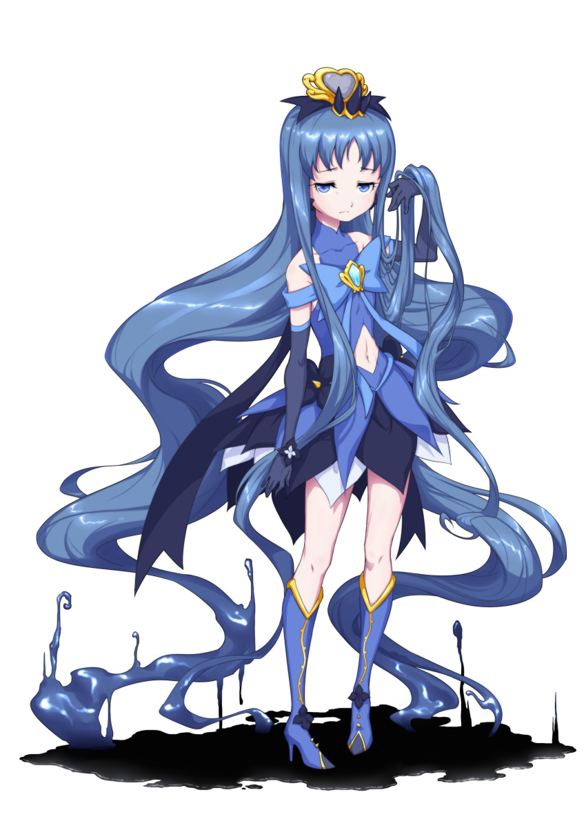 1girl absurdres adjusting_hair bare_shoulders blue_eyes blue_hair boots bow corruption crack cure_marine dark_persona dripping earrings elbow_gloves flower full_body gem gloves heartcatch_precure! high_heels highres jewelry knee_boots kurumi_erika long_hair looking_at_viewer magical_girl matatabi_(karukan222) navel navel_cutout precure simple_background skirt solo standing tiara very_long_hair what_if white_background