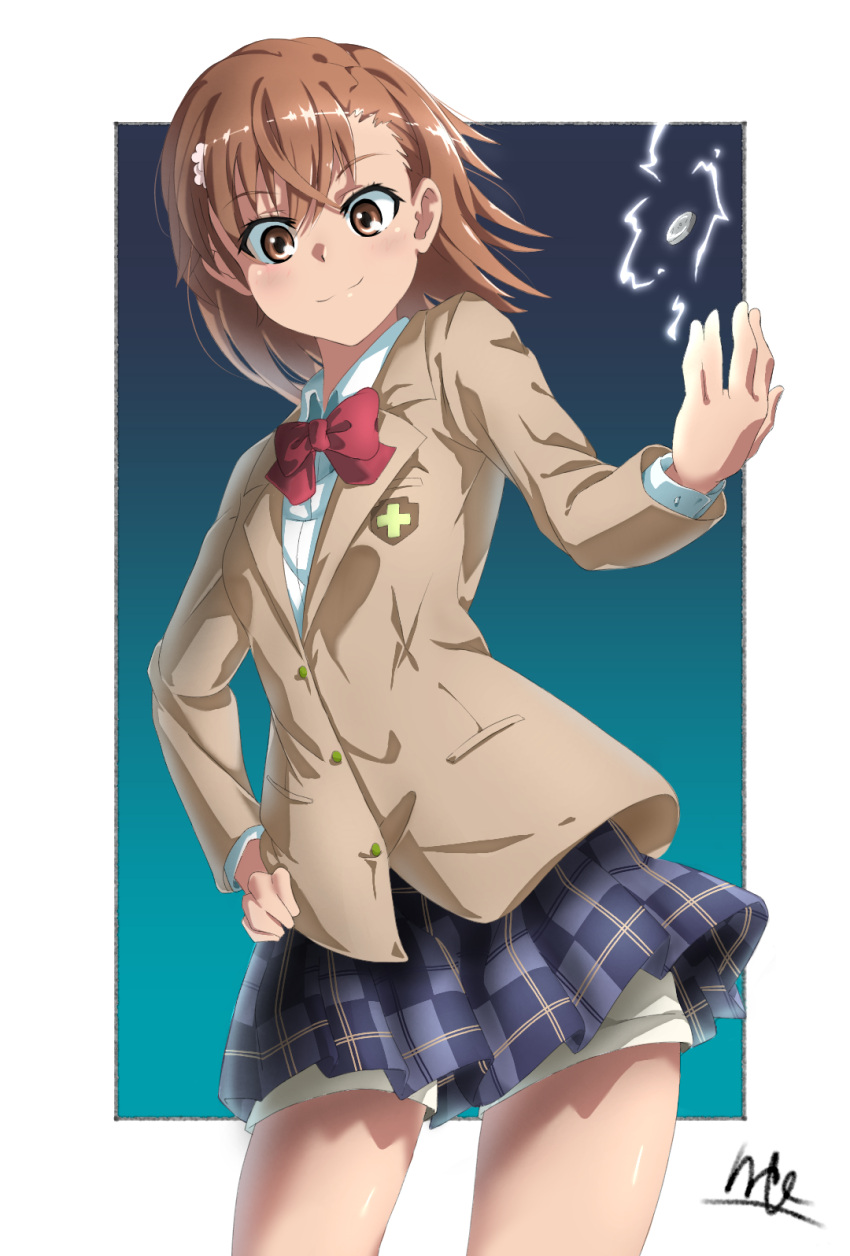 1girl biribiri blue_skirt bow bowtie brown_eyes brown_hair brown_jacket collared_shirt contrapposto cowboy_shot dress_shirt eyebrows_visible_through_hair flower hair_between_eyes hair_flower hair_ornament hand_on_hip highres jacket long_sleeves looking_at_viewer miniskirt misaka_mikoto plaid plaid_skirt pleated_skirt red_bow red_neckwear school_uniform shiny shiny_hair shiny_skin shirt short_hair short_shorts shorts shorts_under_skirt signature skirt smile solo standing to_aru_majutsu_no_index tokiwadai_school_uniform user_jehv7835 white_flower white_shirt white_shorts