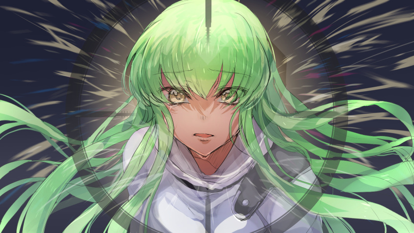 1girl bodysuit c.c. code_geass crying crying_with_eyes_open eyebrows_visible_through_hair floating_hair green_hair hair_between_eyes highres long_hair looking_at_viewer open_mouth solo sumi_otto tears very_long_hair white_bodysuit yellow_eyes