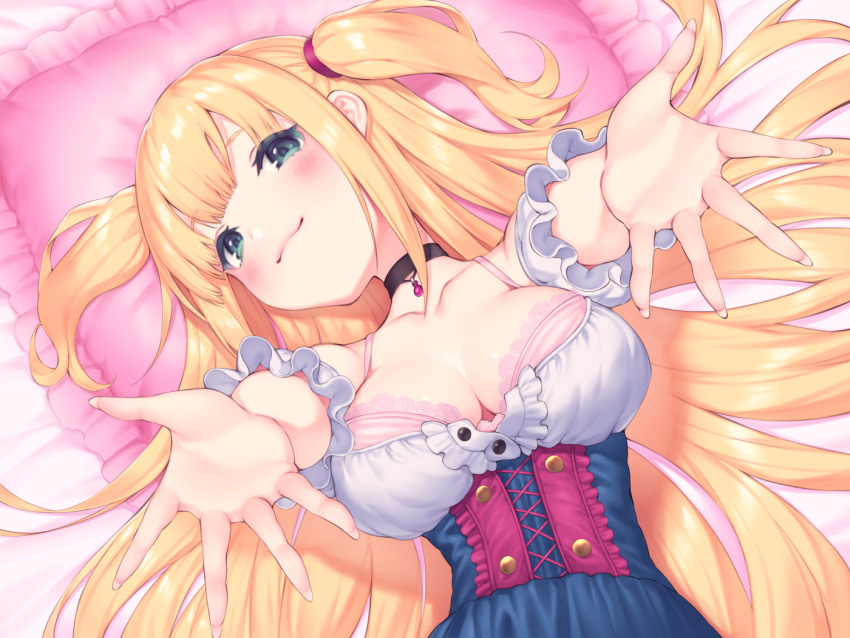 1girl blonde_hair blue_eyes blush bra breasts choker cleavage closed_mouth collarbone commentary_request large_breasts long_hair looking_at_viewer lying official_art on_back original pillow pink_bra pokachu smile solo underwear upper_body