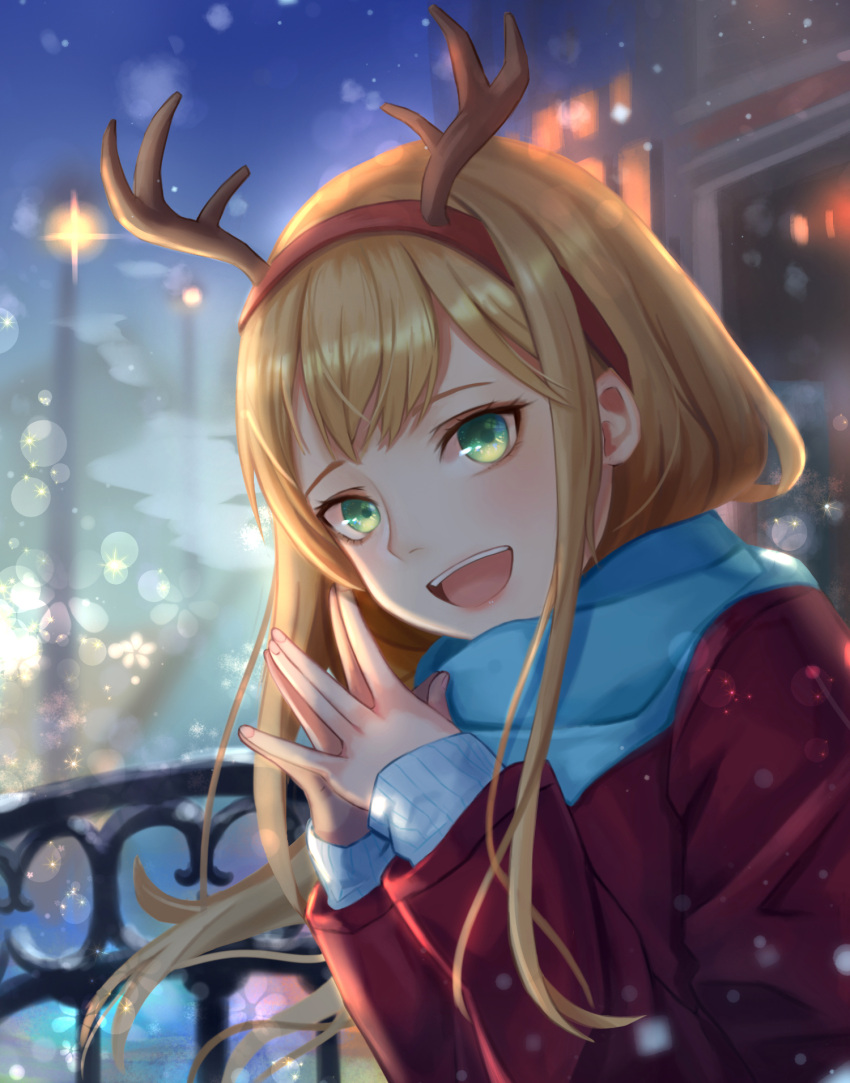 1girl :d antlers blonde_hair blurry blurry_background christmas commentary green_eyes hair_ornament hands_together happy highres jacket lamp long_hair long_sleeves looking_at_viewer night open_mouth original outdoors red_jacket reindeer_antlers scarf sidelocks smile smile_(dcvu7884) snow solo sweater upper_teeth winter_clothes