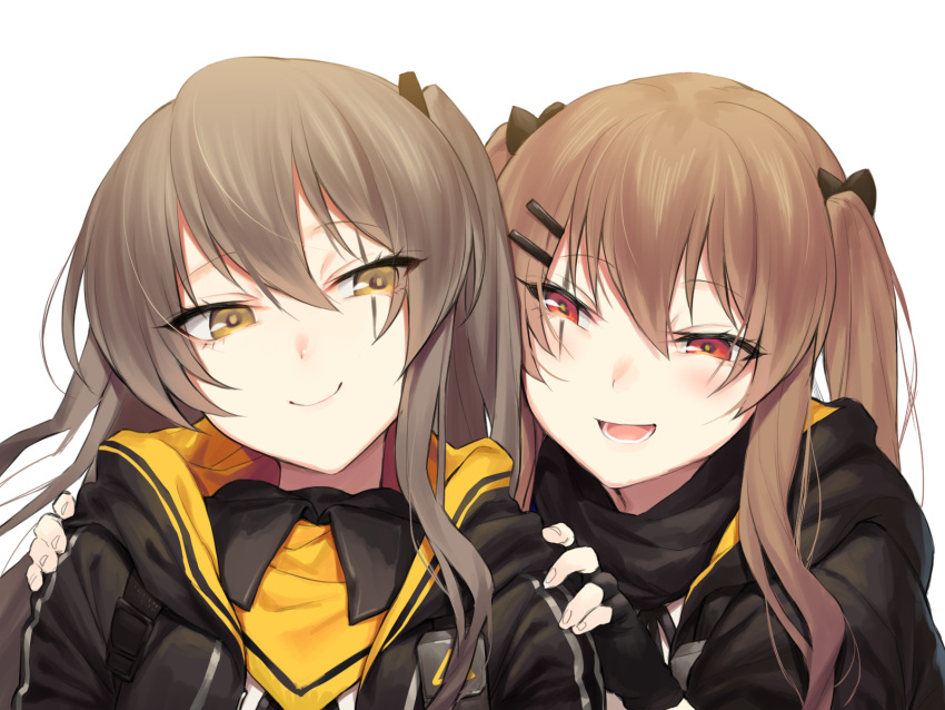 2girls :d bangs blush brown_hair eyebrows_visible_through_hair fingerless_gloves girls_frontline gloves hair_between_eyes hair_ornament half-closed_eyes highres hood hood_down hooded_jacket jacket kyo long_hair looking_at_viewer multiple_girls one_side_up open_clothes open_jacket open_mouth red_eyes scar scar_across_eye scarf shirt sidelocks simple_background smile ump45_(girls_frontline) ump9_(girls_frontline) upper_body white_background white_shirt yellow_eyes