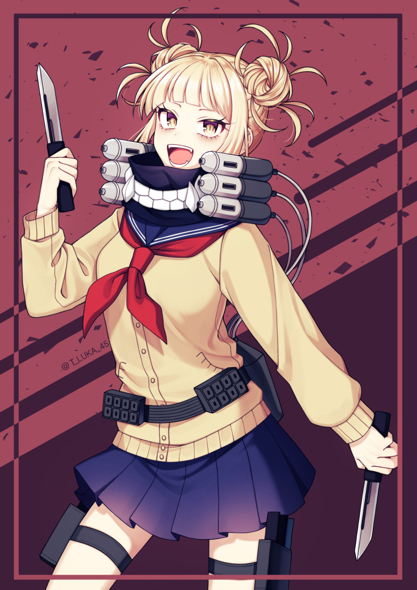 1girl absurdres bangs beige_cardigan blonde_hair blue_skirt blunt_bangs blush boku_no_hero_academia breasts cardigan commentary_request cowboy_shot double_bun face_mask fangs highres holding holding_knife knife long_sleeves looking_at_viewer lukapang mask mask_around_neck medium_breasts messy_hair open_mouth pleated_skirt school_uniform serafuku short_hair skirt smile solo standing teeth toga_himiko yellow_eyes