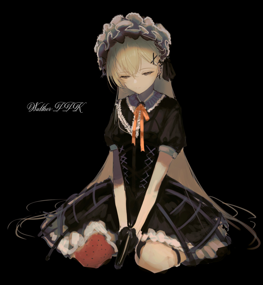 1girl absurdres bangs black_background black_dress black_gloves blonde_hair character_name dress earrings eyebrows_visible_through_hair frills girls_frontline gloves gun hair_between_eyes hair_ornament hairclip handgun hara_shoutarou highres holding holding_gun holding_weapon jewelry long_hair maid_headdress neck_ribbon ppk_(girls_frontline) ribbon short_sleeves simple_background sitting solo thigh-highs walther walther_ppk weapon yellow_eyes